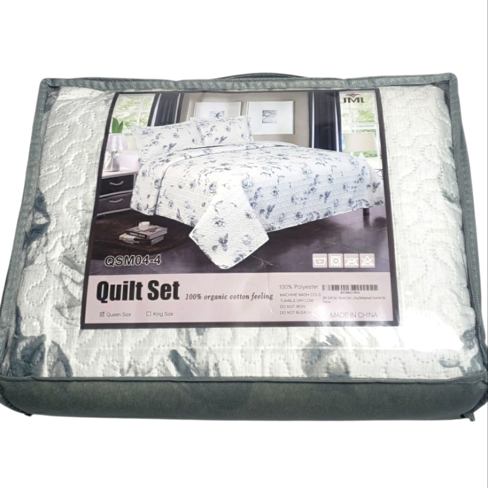 JML Quilt Set, Queen, White Grey Flowers, 3 Piece Set - New without tag